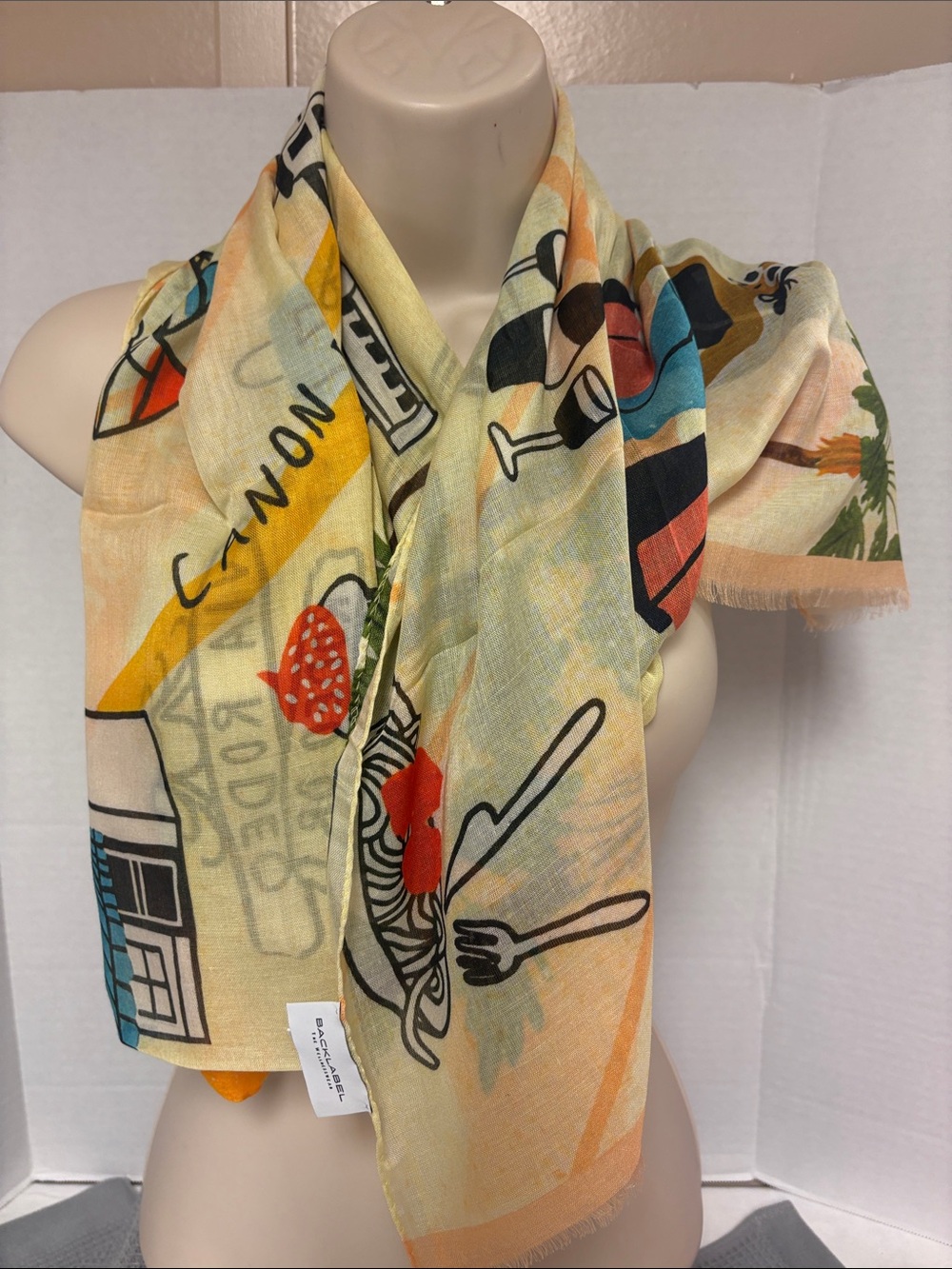 Backlabel Colorful Illustrated Lightweight Scarf - Yellow, Blue, Red